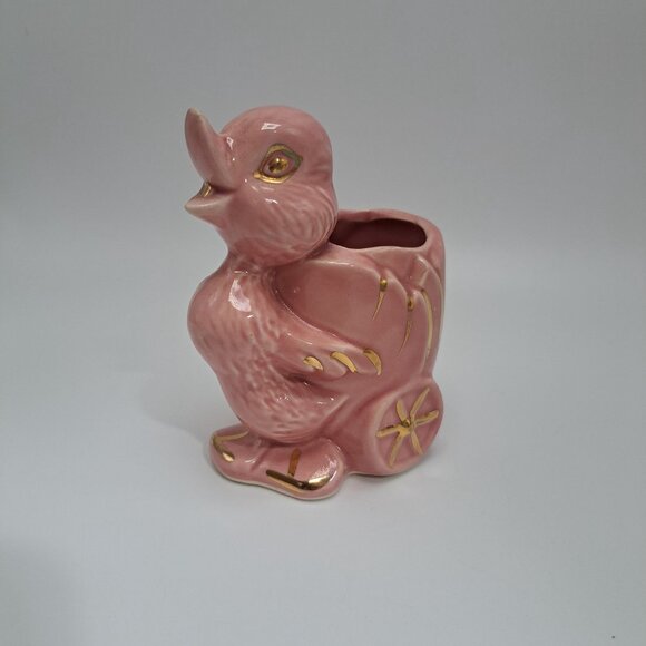 40s-50s American Pottery Pink Duck Wagon Planter Gold Gilt Ceramic BB Stamp - Picture 6 of 13